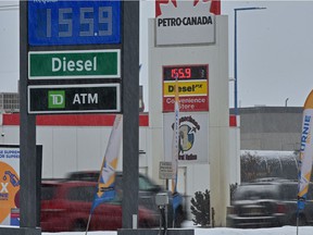 Most gas stations have raised their pump prices to the mid $1.50's per liter pushed higher by the conflict in the Ukraine in Edmonton, March 3, 2022.