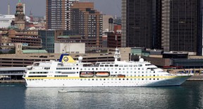 The MS Hamburg (formerly the Columbus), the largest Great Lakes cruise ship with six decks, is shown docked along the Detroit waterfront on Sept.  20, 2019.