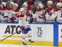 Canadiens celebrate a goal by forward Cole Caufield (22) during the first period against the Edmonton Oilers at Rogers Place on Saturday, March 5.