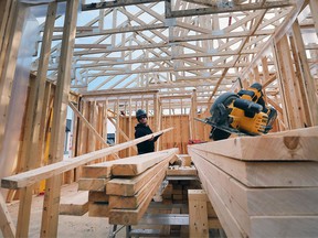 Jordan Ellis, a framer with JS Ellis Construction works on a single family housing build in the 1300 block of Clearwater Avenue in Windsor on Thursday, March 10, 2022.