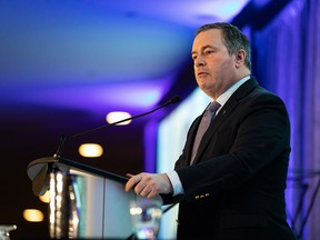 Premier Jason Kenney speaks at the Alberta Urban Municipalities Association convention at the Edmonton Convention Center on Thursday, March 10, 2022.