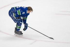 Vancouver Canucks forward Matthew Highmore leaves the ice after being injured against the Washington Capitals in the first period at Rogers Arena.  Photo: Bob Frid-USA TODAY Sports