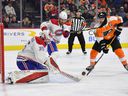 Montreal Canadiens goaltender Sam Montembeault makes a save against the Philadelphia Flyers during the second period at the Wells Fargo Center in Philadelphia on March 13, 2022.