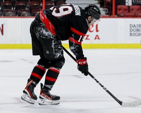 Senators winger Drake Batherson limps off the ice after suffering a high ankle sprain on Jan. 25. He has not played since, even missing his first all-star game appearance in Vegas.. ERROL McGIHON/SUN FILES