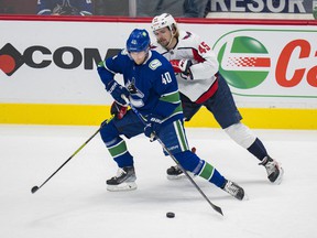 Canucks center Elias Pettersson shields the puck from Washington Capitals winger Axel Jonsson-Fjallby during last Friday's game at Rogers Arena.