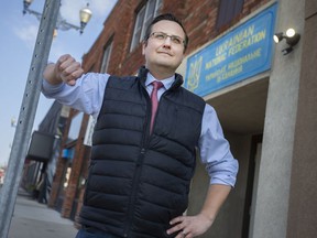 MP for Windsor-Tecumseh, Irek Kusmierczyk, is pictured outside the Ukrainian Federation Hall, a day after being placed on the list of people banned by Russia, on Wednesday, March 16, 2022.