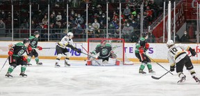 Ottawa 67's goalie Will Cranley who was recently signed by the St. Louis Blues, faced 42 shots from the Kingston Frontenacs in his first Ontario Hockey League game since Feb. 20.