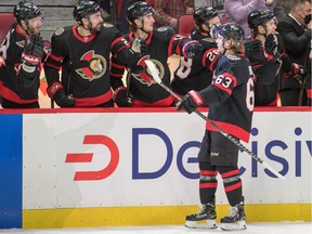 Ottawa Senators right wing Tyler Ennis (63) celebrates with teammates after scoring what would be the only Ottawa goal on Wednesday night.