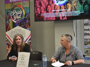 Windsor West MPP Lisa Gretzky, left, joined Windsor-Essex Pride Fest president Wendi Nicholson Thursday, March 17, 2022, at the Pride Fest office, in announcing an $80,100 Ontario Trillium Foundation grant that helped the organization continue to offer programs and services during the COVID-19 pandemic.