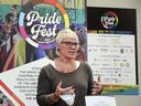 Mel Lucier speaks at a press conference on Friday, October 15, 2021 regarding the Windsor-Essex Pride Fest organization updating the community on their QConnect Plus program.
