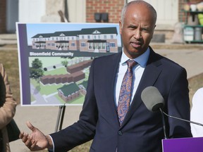 Federal Minister of Housing and Diversity and Inclusion Ahmed Hussen speaks during a press conference in Windsor on Thursday, March 17, 2022 regarding new housing in the city.