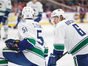 Troy Stecher and Brock Boeser as Canucks teammates during the 2016-17 NHL season.