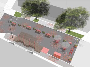 A handout rendering of 'semi-permanent' plaza upgrades for Cambie and West 18th Avenue.