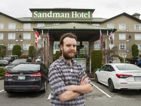 Tyler Kelly lives at The Sandman hotel in Langley, BC., March 21, 2022.