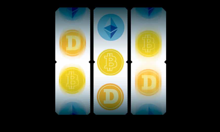 Graphique : symboles de crypto-monnaie tournant sur le cadran d'une machine à fruits