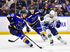 Vancouver Canucks right wing Conor Garland (8) checks St. Louis Blues center Brayden Schenn (10) during the first period at Enterprise Center.