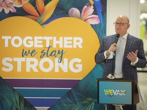 Windsor Mayor Drew Dilkens speaks on the last week of operation at the mass COVID-19 vaccination center at the Devonshire Mall. Photographed March 29, 2022.