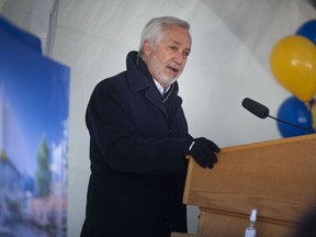 Tony Toldo gives remarks during a press event marking the naming of the new athletic center p the Toldo Lancer Center, outside the facility on Tuesday, March 29, 2022.