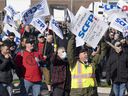 Laval bus drivers demonstrate in front of the STL head office as they hold a one day strike to press lagging contract talks Wednesday, Nov. 3, 2021 in Laval.