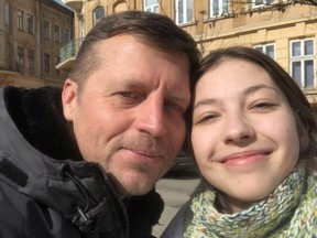 Victoria lawyer Stanley Osobik, 53, who traveled to Ukraine to help friends and family, took this selfie when meeting his 23-year-old niece Anastasia for the very first time in Lviv, Ukraine on Saturday, March 12, 2022. Photo: Stanley Osobik