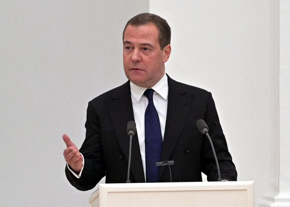 Deputy chairman of the Russian Security Council Dmitry Medvedev speaks during a meeting with members of the council in Moscow on Feb. 21, 2022.