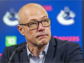 Vancouver Canucks GM Patrik Allvin during press conference after the NHL trade deadline in Vancouver on Monday.