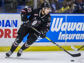 Red Deer Rebels forward Arshdeep Bains moves the puck against the Saskatoon Blades in Western Hockey League during the 1st period action at SaskTel Center in Saskatoon, SK on Wednesday, January 8, 2020.