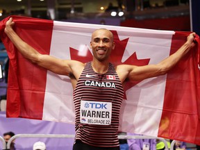 Damian Warner of Canada celebrates after winning the heptathlon event at the World Athletics Indoor Championships at Belgrade Arena on March 19, 2022 in Belgrade, Serbia.