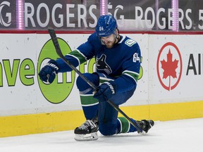Tyler Motte, with seven goals and 14 points in 42 games this season — he missed the first 15 games of the 2021-22 campaign recovering from off-season neck surgery — leads Canucks forwards in blocked shots and is fourth in hits.