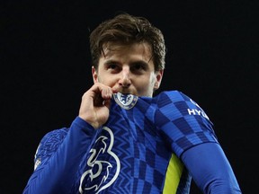 Chelsea's Mason Mount celebrates scoring his team's second goal in a 3-1 victory over Norwich City on March 10, 2022.