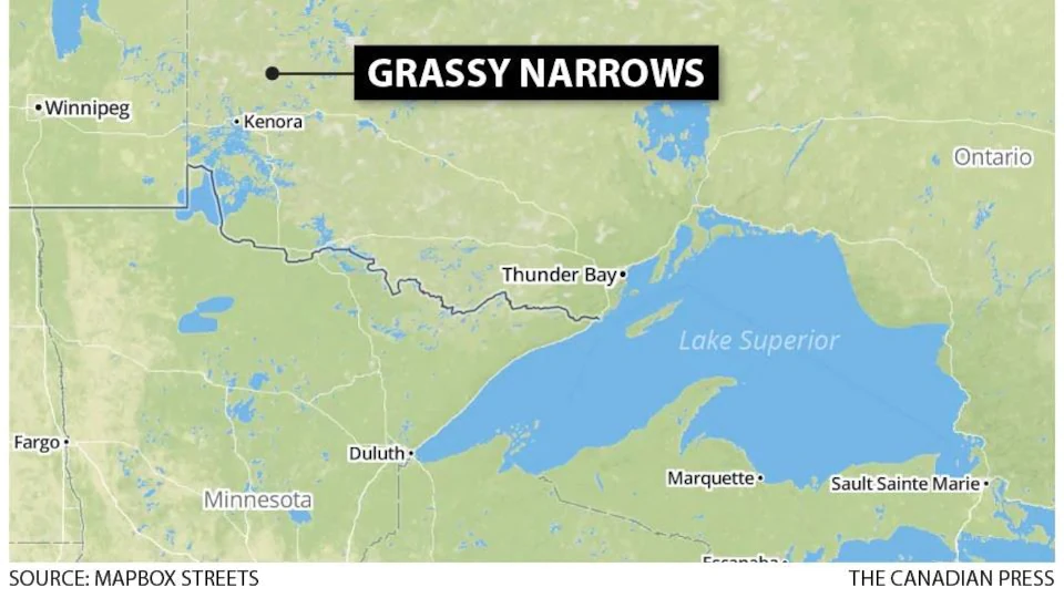 Une carte du Nord-Ouest de l'Ontario indiquant la position de Grassy Narrows, près de Kenora.
