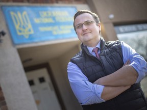 MP for Windsor-Tecumseh, Irek Kusmierczyk, is pictured outside the Ukrainian Federation Hall, a day after being placed on the list of people banned by Russia, on Wednesday, March 16, 2022.