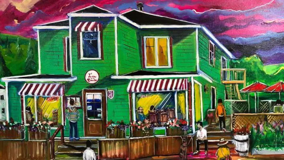 Une toile qui représente le restaurant L'Eau à la bouche de Mont-Louis  avec sa terrasse et ses auvents colorés.