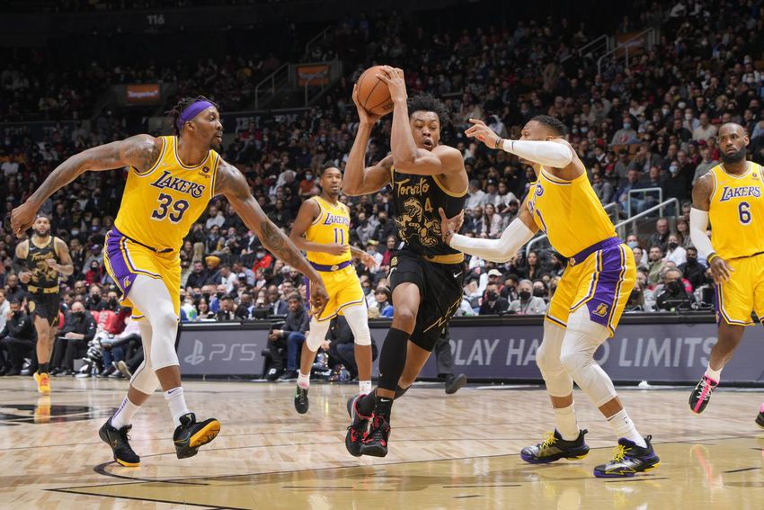 Raptors rookie Scottie Barnes drives to the basket in Friday night's game against the Lakers at Scotiabank Arena.  Barnes finished with a career-high 31 points.