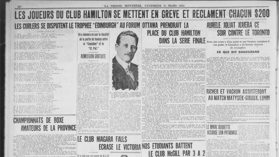 Un exemplaire de « La Presse » du 13 mars 1925 dans laquelle un article porte sur les Tigers de Hamilton.