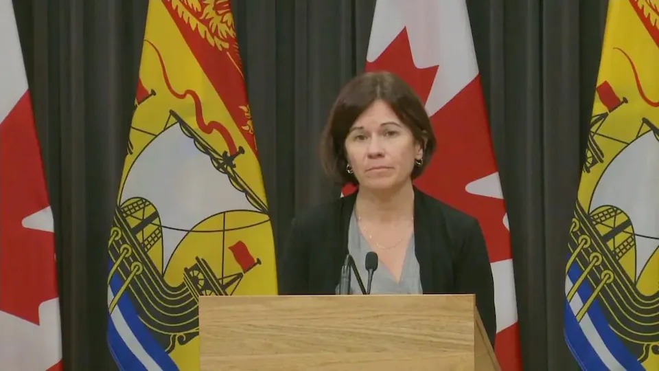 Une femme au micro en conférence de presse devant des drapeaux du Canada et du Nouveau-Brunswick