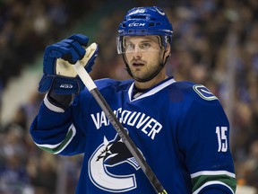 Brad Richardson (above) is now one of two current Canucks — captain Bo Horvat is the other — to play for the club in the 2014-15 playoffs, a six-game first-round series loss to the Calgary Flames.