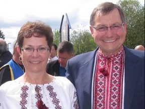 Former Alberta Premier Ed Stelmach and wife Marie in Ukrainian national costume at the Ukrainian Village.