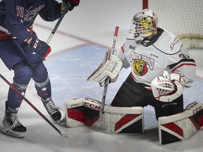 Owen Sound goalie, Nick Chenard, of Tecumseh, is seen in OHL action against the Windsor Spitfires on Thursday at the WFCU Centre.