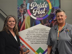 Windsor-West MPP Lisa Gretzky, left, joined Windsor-Essex Pride Fest president Wendi Nicholson Thursday, March 17, 2022, at the Pride Fest office, in announcing an ,100 Ontario Trillium Foundation grant that helped the organization continue to offer programs and services during the COVID-19 pandemic.