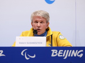 Valeriy Sushkevych, president of the Ukrainian Paralympic Committee, speaks to the media during a press conference ahead of the Beijing 2022 Winter Paralympic Games in Beijing on March 3, 2022.