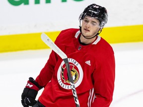 Senators' Drake Batherson was back at practice yesterday, but won't play during this home stand that wraps up next Friday against the Flyers.