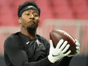 Calvin Ridley of the Atlanta Falcons warms up before his team's game against the Carolina Panthers at Mercedes-Benz Stadium on Oct. 31, 2021 in Atlanta.