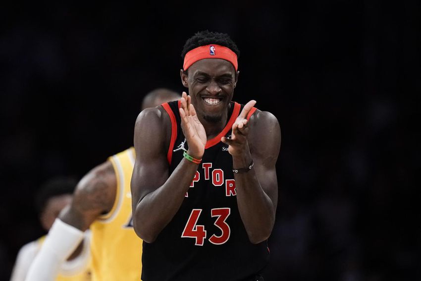 Raptors' Pascal Siakam celebrates after a turnover by Los Angeles Lakers' LeBron James in Toronto's win earlier this week.
