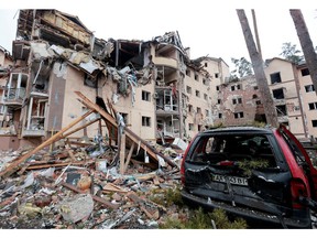 A view shows a residential building destroyed by recent shelling, as Russia's invasion of Ukraine continues, in the city of Irpin in the Kyiv region, Ukraine March 2, 2022.