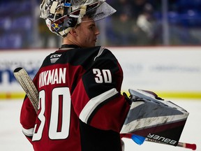 Giants goalie Jesper Vikman, an NHL Vegas Golden Knights prospect, was making his 18th straight start for Vancouver on Friday against Kamloops when he was taken out of the game with an apparent hip or a hamstring injury.