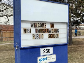A Brampton school formerly named after Sir John A. Macdonald has now been renamed Nibi Emosaawdang Public School as seen here on its sign on March 31, 2022.