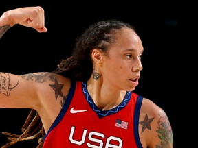 Brittney Griner of the US gestures during a game against Australia at Saitama Super Arena in their Tokyo 2020 Olympic women's basketball quarterfinal game in Saitama, Japan Aug. 4, 2021.
