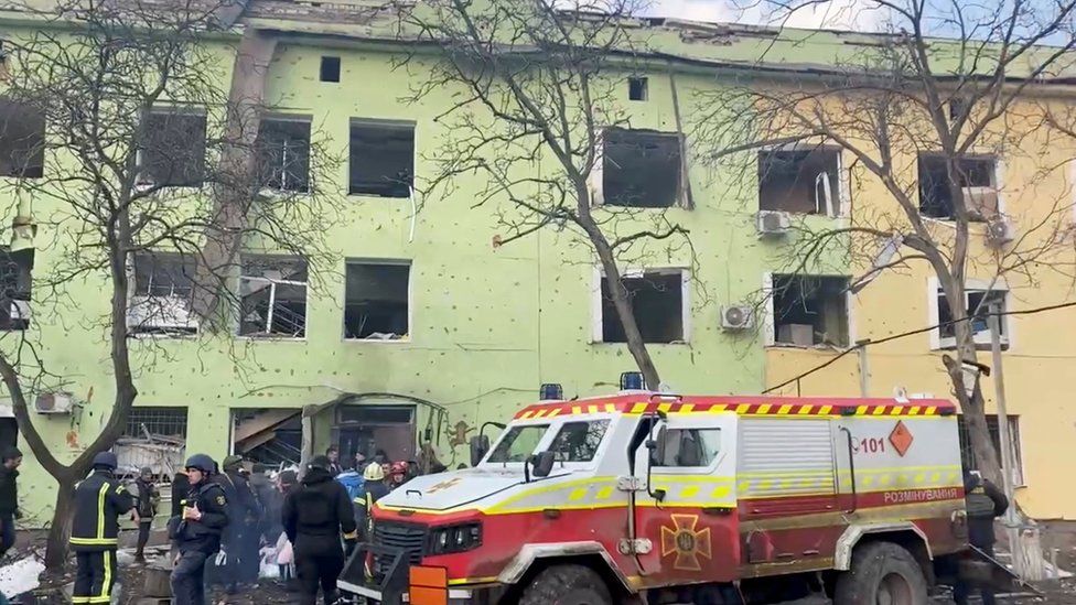 Emergency services on site at the Mariupol children"s hospital on 9 March 2022