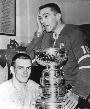 George Armstrong, then-captain of the Toronto Maple Leafs celebrating the 1962-63 Stanley Cup title with teammate Dave Keon (left), was Bruce Boudreau's junior coach with the Ontario Hockey Association's Toronto Marlboros in the early 1970s.  'We lost a game and the players were so upset because we were letting him down,' Boudreau recalls.